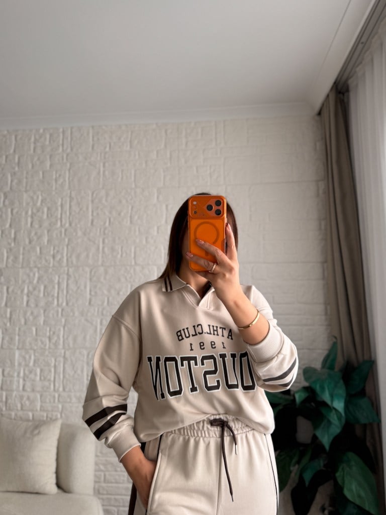Polo Yaka Houston Baskılı İki İplik Pamuk Sweat Bej