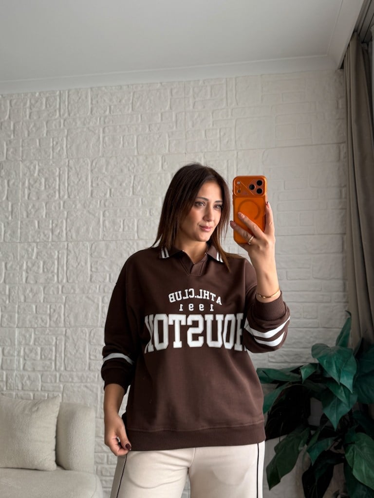 Polo Yaka Houston Baskılı İki İplik Pamuk Sweat Kahverengi