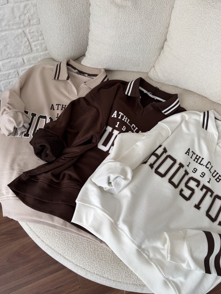 Polo Yaka Houston Baskılı İki İplik Pamuk Sweat Kahverengi