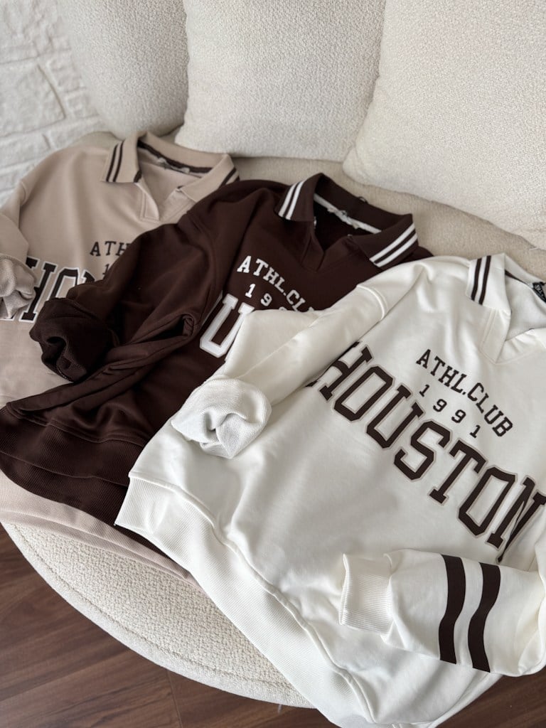 Polo Yaka Houston Baskılı İki İplik Pamuk Sweat Kahverengi