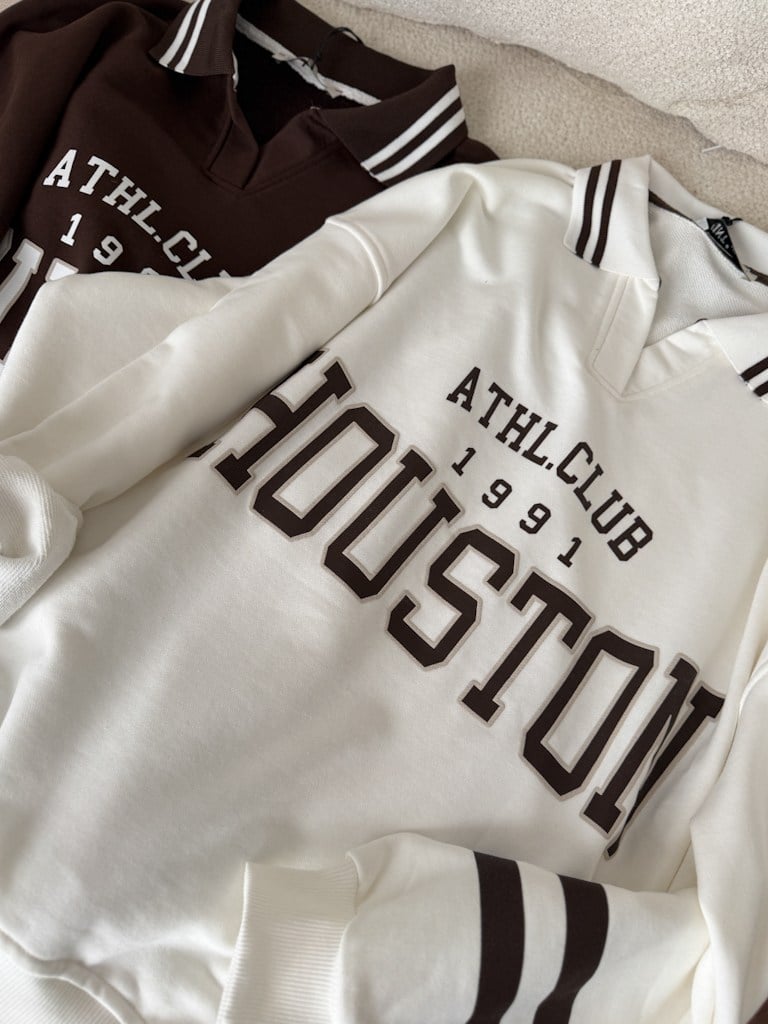 Polo Yaka Houston Baskılı İki İplik Pamuk Sweat Ekru