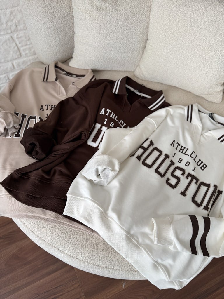 Polo Yaka Houston Baskılı İki İplik Pamuk Sweat Bej