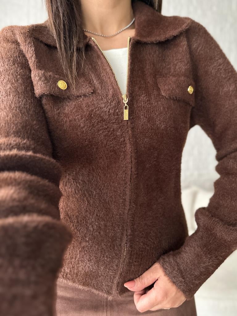 Premium Angora Fermuarlı Gömlek Yaka Hırka Kahverengi