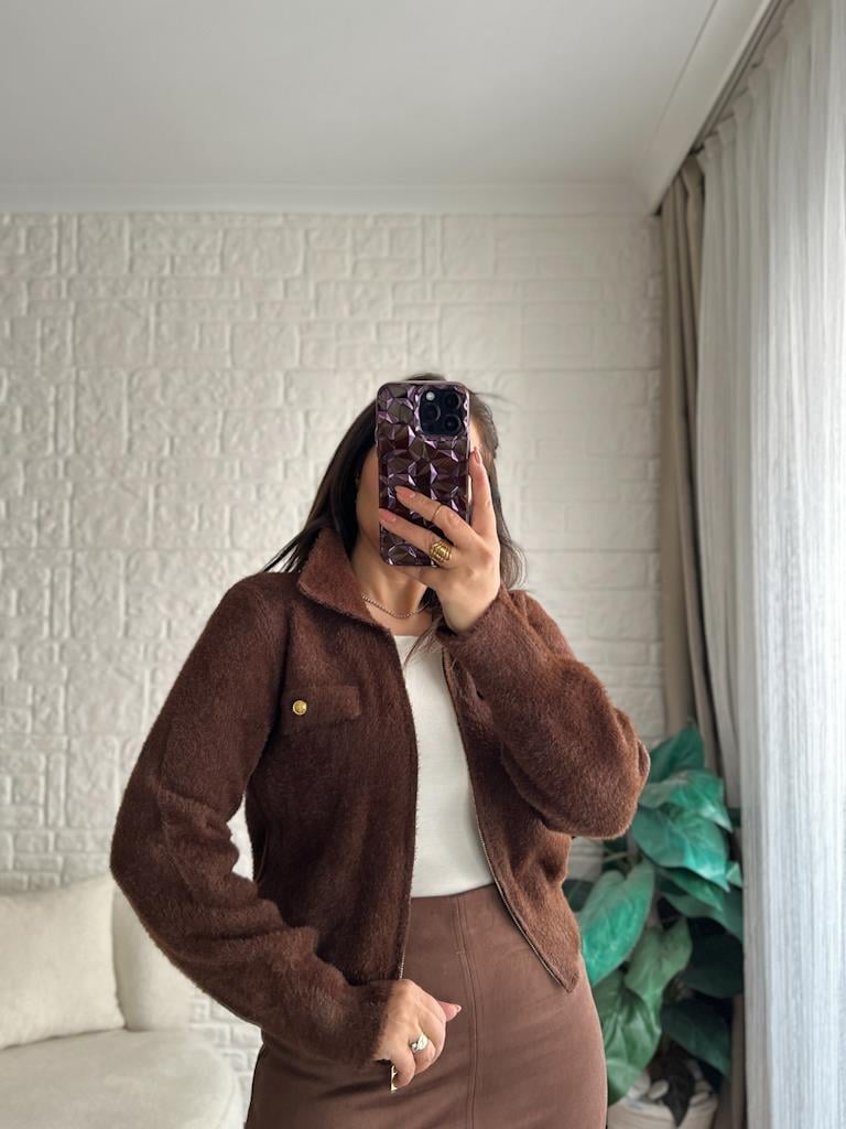 Premium Angora Fermuarlı Gömlek Yaka Hırka Kahverengi
