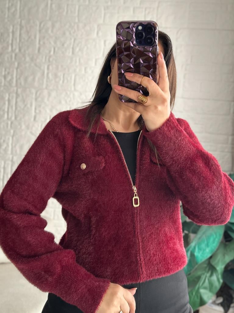 Premium Angora Fermuarlı Gömlek Yaka Hırka Bordo