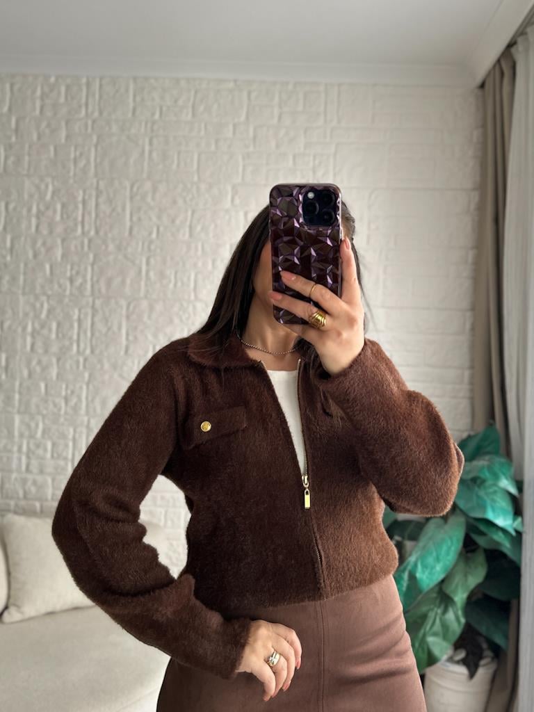 Premium Angora Fermuarlı Gömlek Yaka Hırka Kahverengi