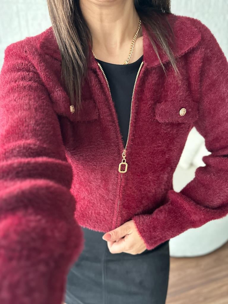 Premium Angora Fermuarlı Gömlek Yaka Hırka Bordo