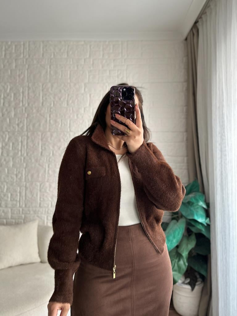 Premium Angora Fermuarlı Gömlek Yaka Hırka Kahverengi