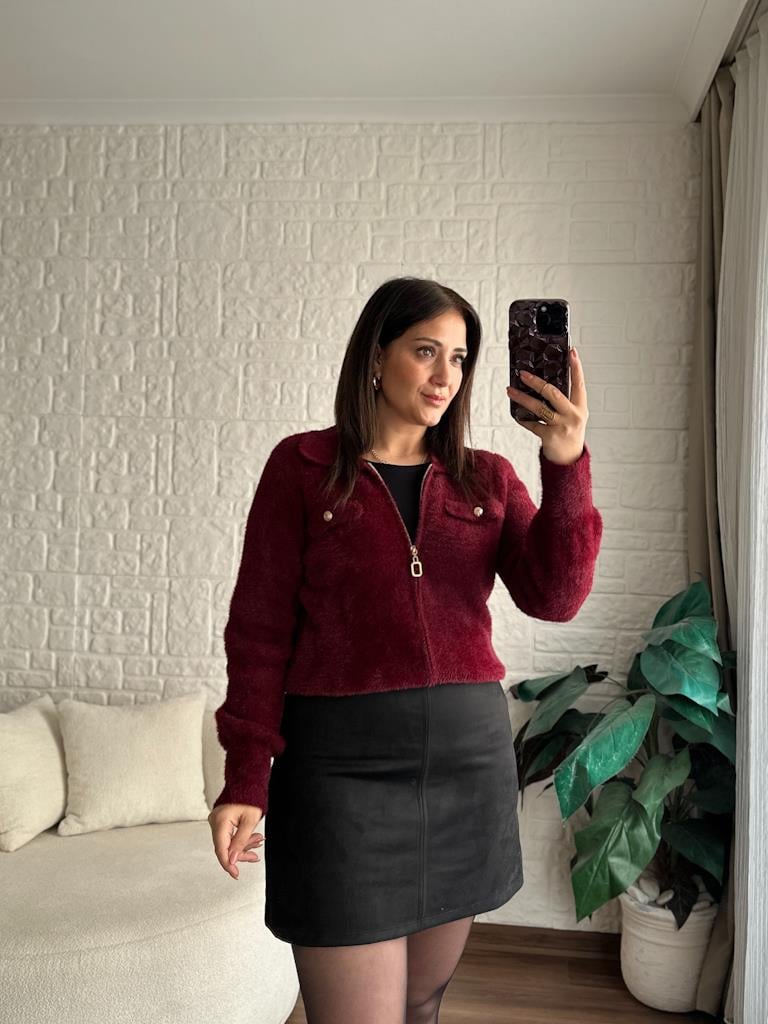 Premium Angora Fermuarlı Gömlek Yaka Hırka Bordo