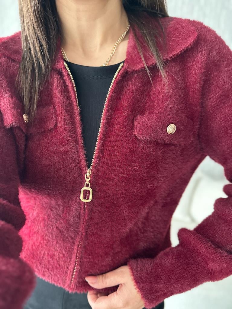 Premium Angora Fermuarlı Gömlek Yaka Hırka Bordo