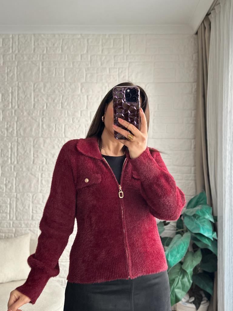 Premium Angora Fermuarlı Gömlek Yaka Hırka Bordo
