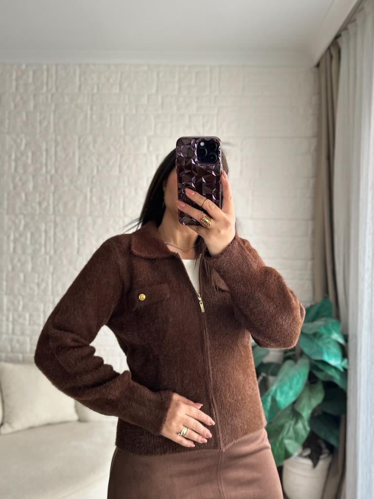 Premium Angora Fermuarlı Gömlek Yaka Hırka Kahverengi