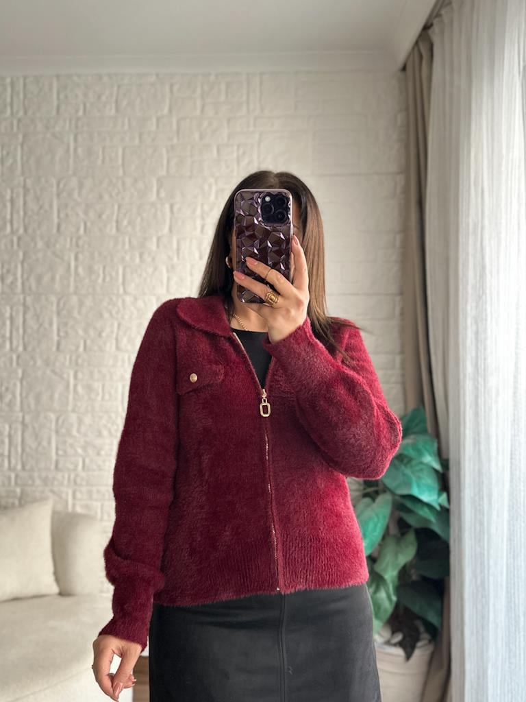 Premium Angora Fermuarlı Gömlek Yaka Hırka Bordo