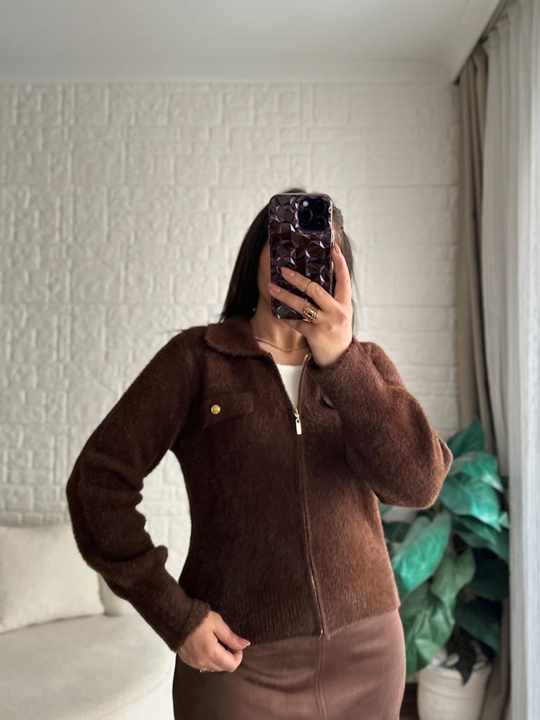 Premium Angora Fermuarlı Gömlek Yaka Hırka Kahverengi