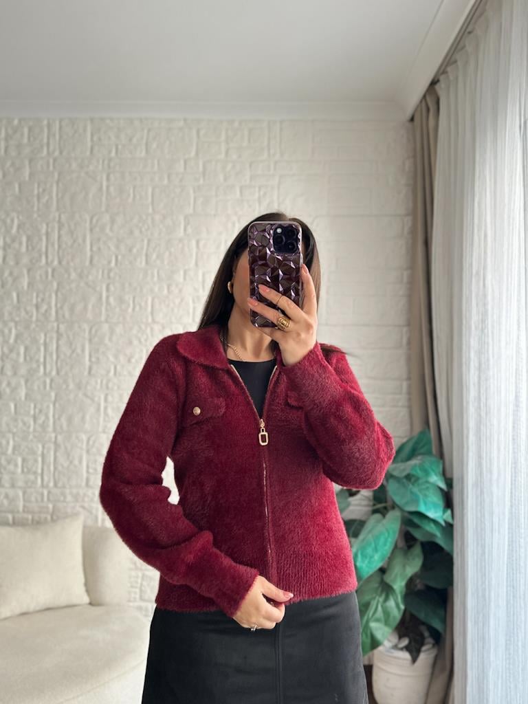 Premium Angora Fermuarlı Gömlek Yaka Hırka Bordo