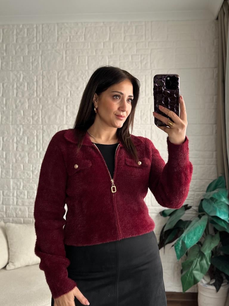 Premium Angora Fermuarlı Gömlek Yaka Hırka Bordo