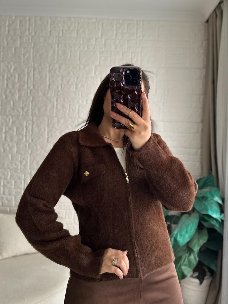Premium Angora Fermuarlı Gömlek Yaka Hırka Kahverengi