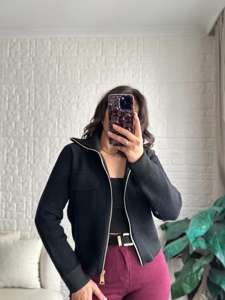 Premium Angora Fermuarlı Triko Ceket Siyah