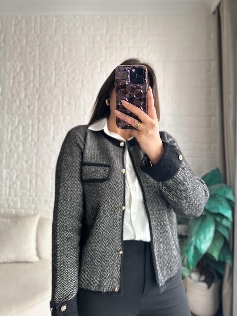 Premium Bisiklet Yaka Gold Düğmeli Triko Ceket Siyah