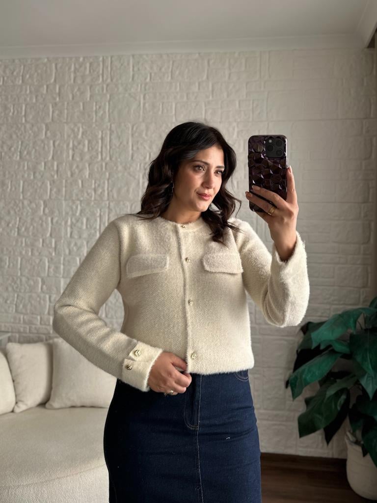 Premium Bisiklet Yaka Gold Düğmeli Triko Ceket Krem