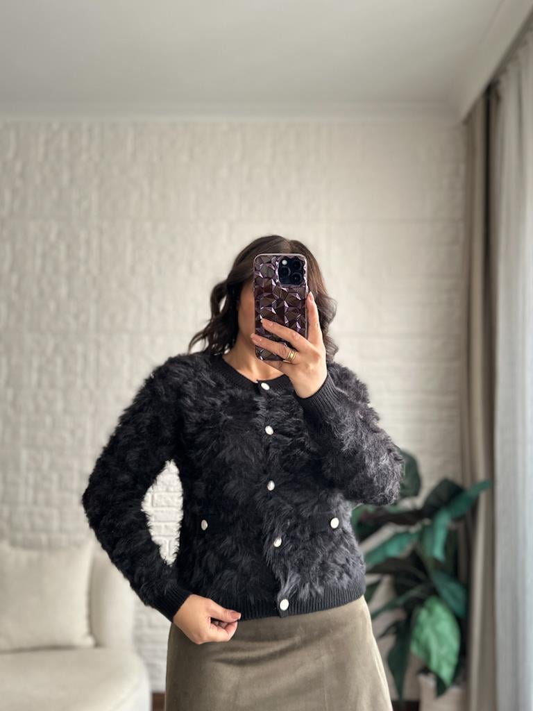 Premium Bisiklet Yaka Taş Düğmeli Sakal Model Triko Hırka Siyah