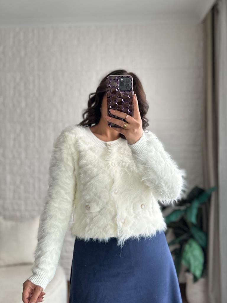 Premium Bisiklet Yaka Taş Düğmeli Sakal Model Triko Hırka Ekru