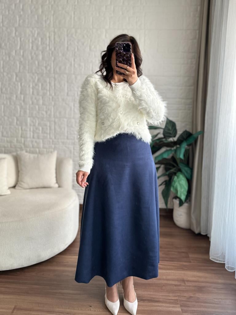 Premium Bisiklet Yaka Taş Düğmeli Sakal Model Triko Hırka Ekru