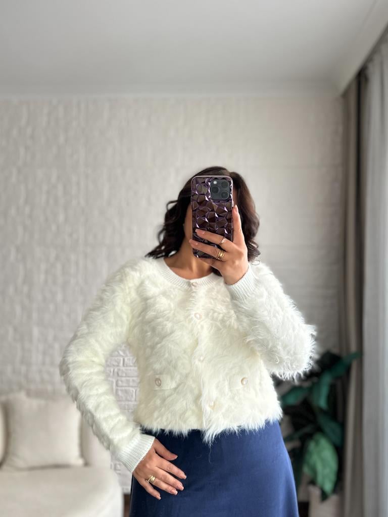 Premium Bisiklet Yaka Taş Düğmeli Sakal Model Triko Hırka Ekru