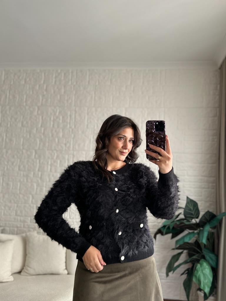 Premium Bisiklet Yaka Taş Düğmeli Sakal Model Triko Hırka Siyah