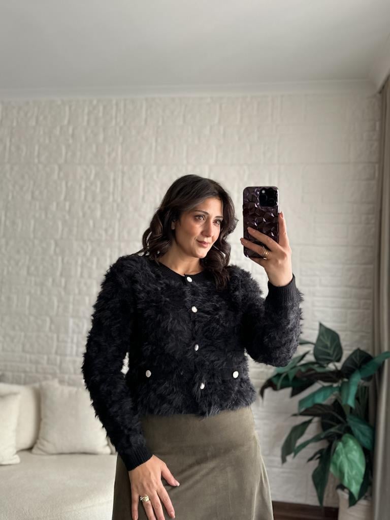 Premium Bisiklet Yaka Taş Düğmeli Sakal Model Triko Hırka Siyah