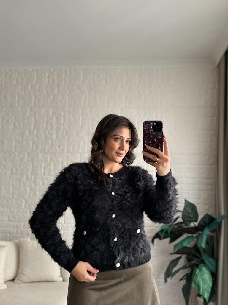 Premium Bisiklet Yaka Taş Düğmeli Sakal Model Triko Hırka Siyah