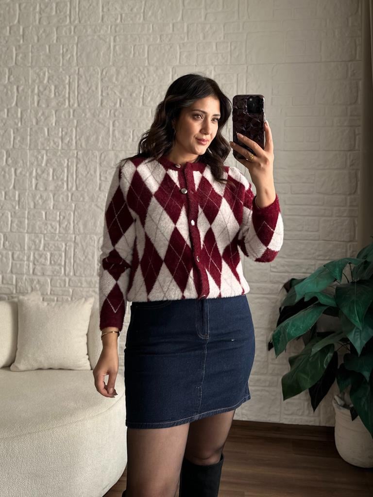 Premium Bordo Baklava Desen Angora Hırka