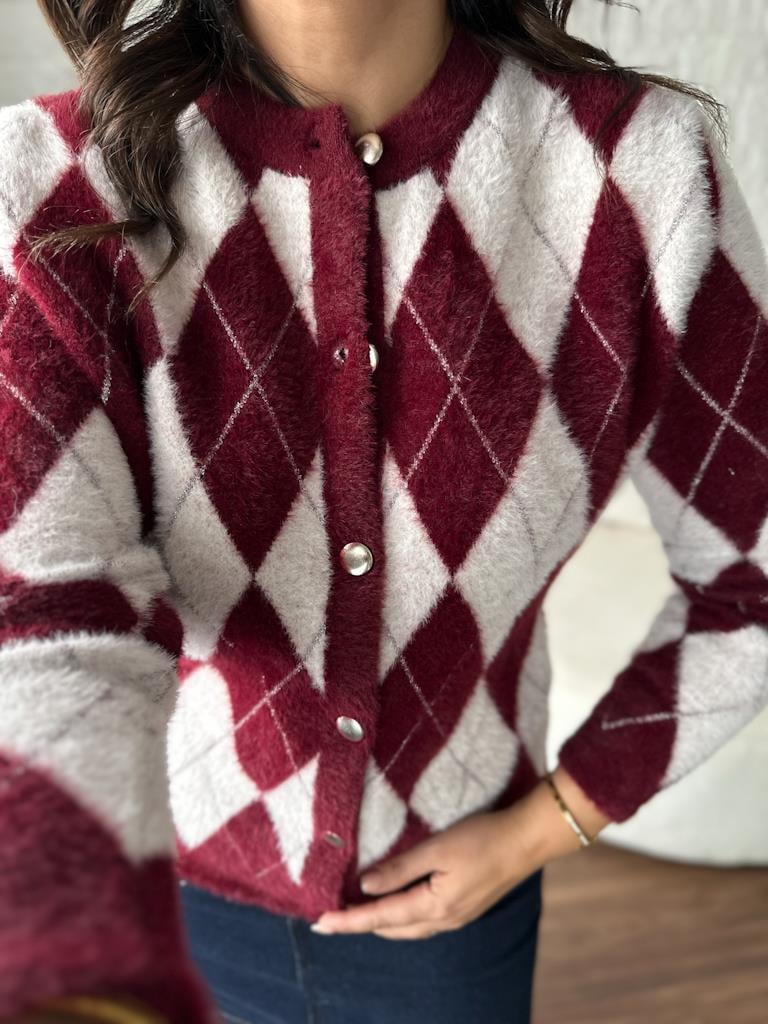 Premium Bordo Baklava Desen Angora Hırka