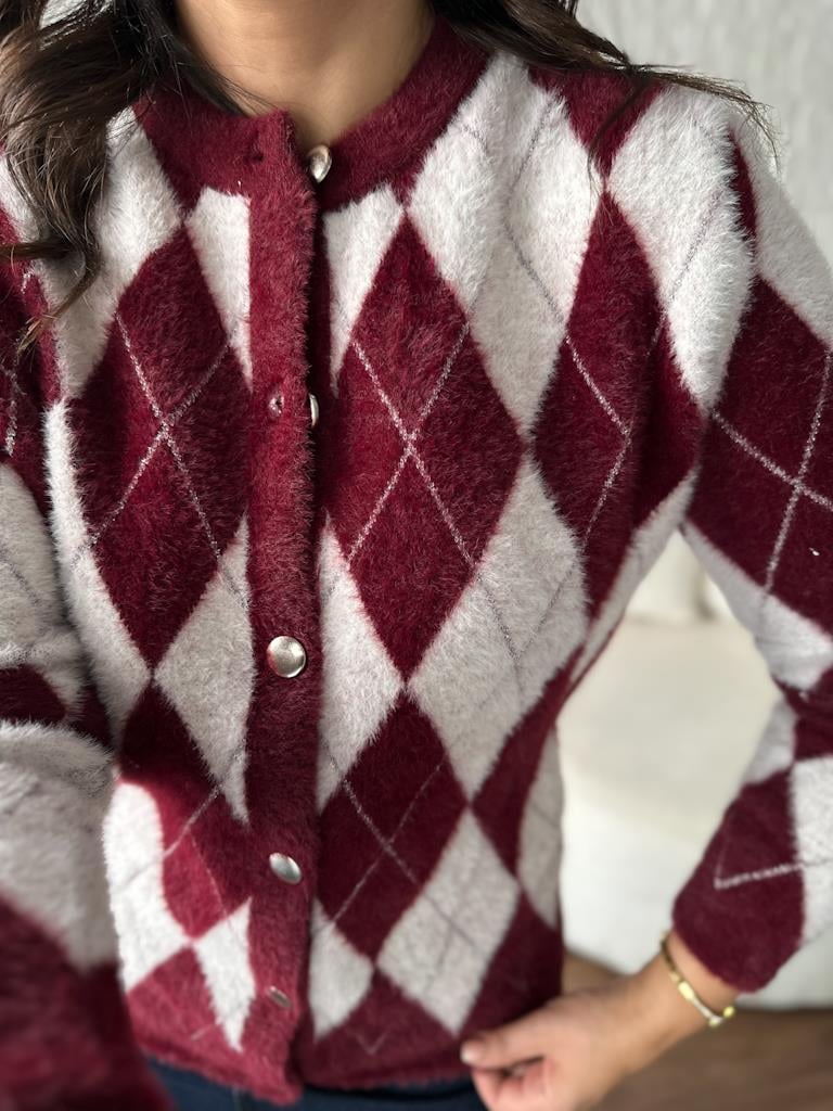 Premium Bordo Baklava Desen Angora Hırka