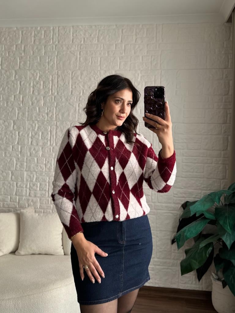 Premium Bordo Baklava Desen Angora Hırka