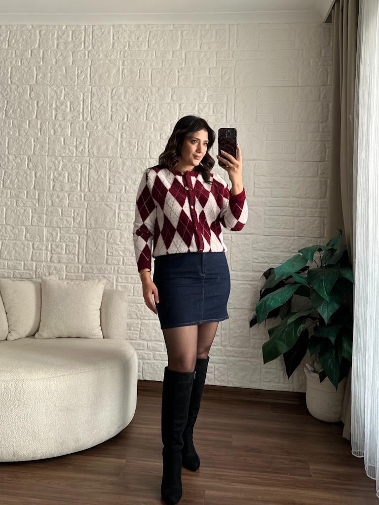 Premium Bordo Baklava Desen Angora Hırka