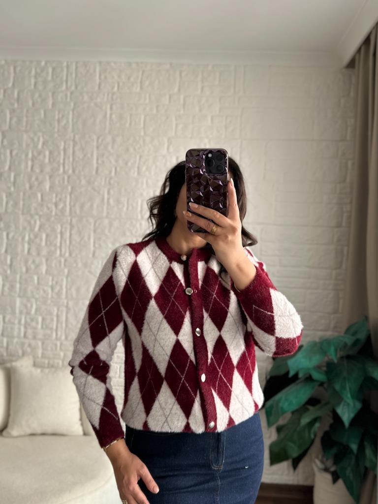 Premium Bordo Baklava Desen Angora Hırka