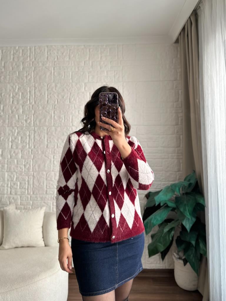 Premium Bordo Baklava Desen Angora Hırka