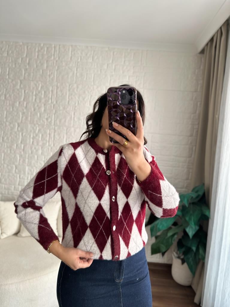 Premium Bordo Baklava Desen Angora Hırka