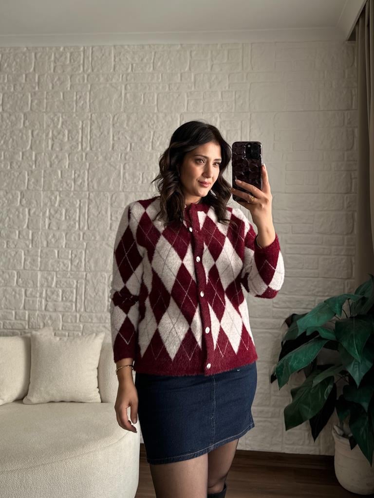 Premium Bordo Baklava Desen Angora Hırka