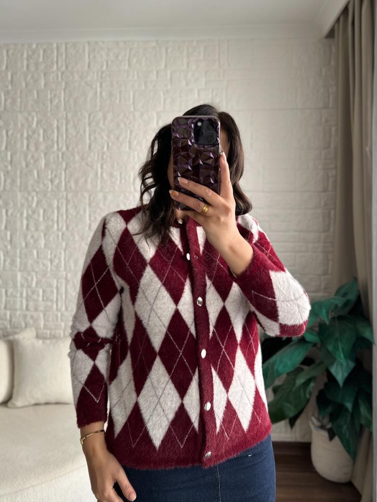 Premium Bordo Baklava Desen Angora Hırka