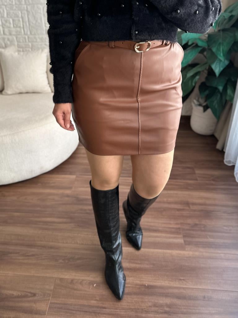 Premium Deri Kemerli Mini Etek Taba