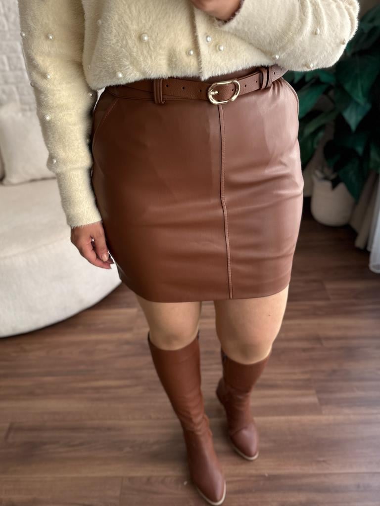 Premium Deri Kemerli Mini Etek Taba