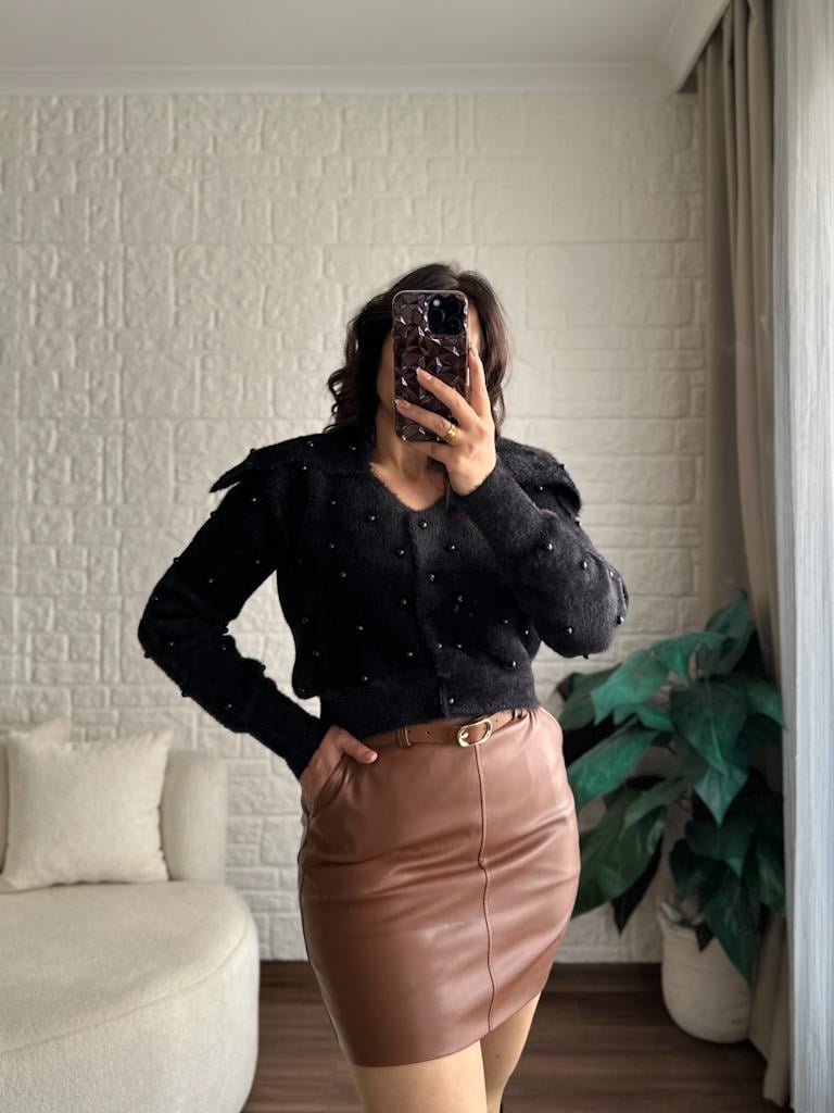 Premium Deri Kemerli Mini Etek Taba