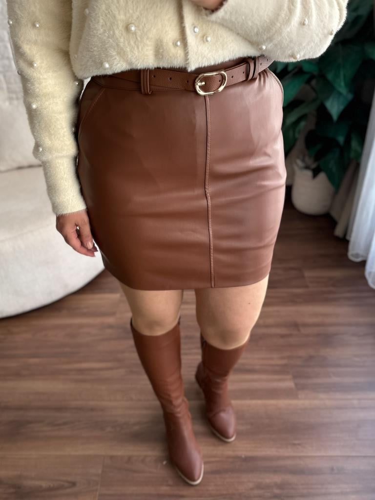 Premium Deri Kemerli Mini Etek Taba