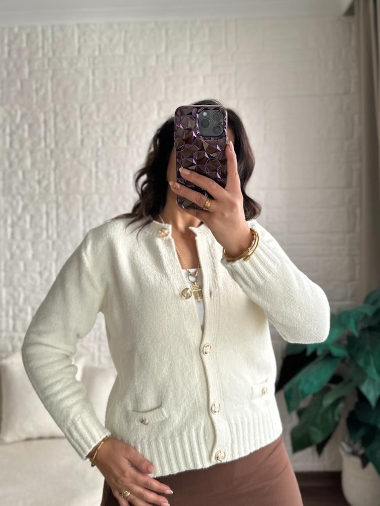 Premium Gold Düğme Şönil Triko Hırka Ekru