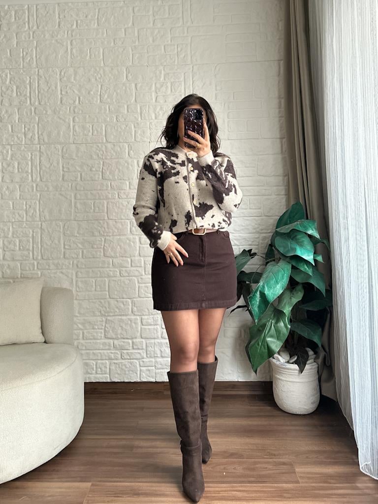 Premium Kahve Bej Desenli Kaşmir Hırka