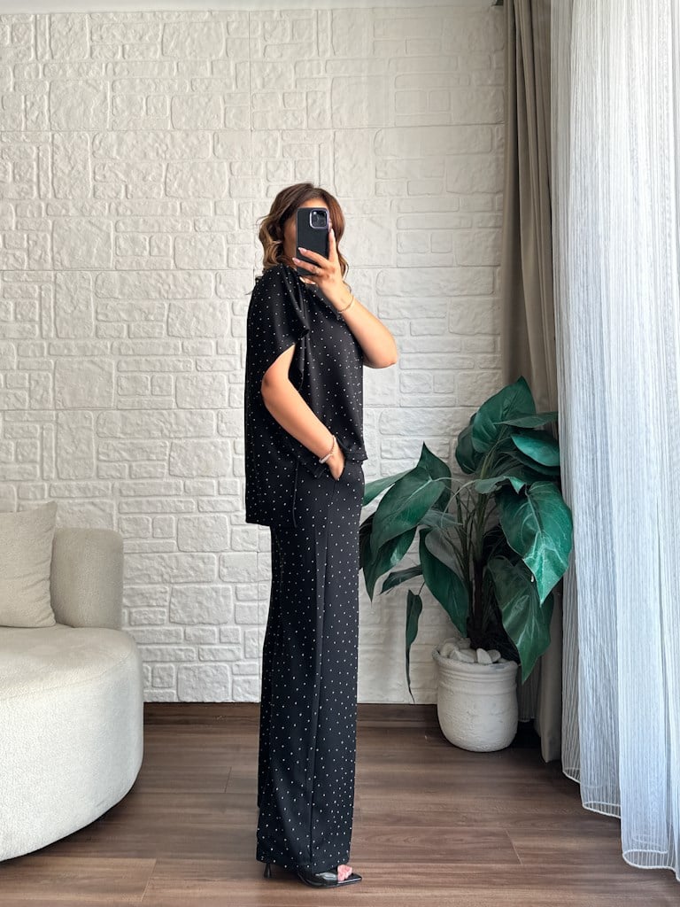 Premium Kayık Yaka Düşük Kol Taş Baskılı Modal Takım
