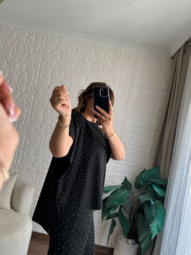 Premium Kayık Yaka Düşük Kol Taş Baskılı Modal Takım