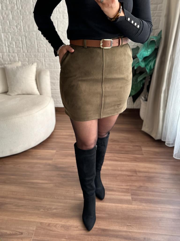 Premium Kemerli Süet Mini Etek